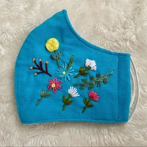 Pure Linen face mask - hand embroidered- Light Blue